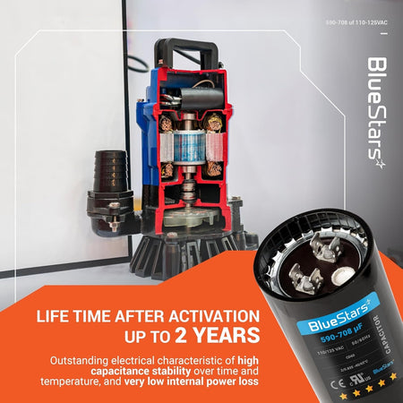 590-708 uF 110-125 VAC motor start capacitor shown with a cross-section view of a compatible pump motor.