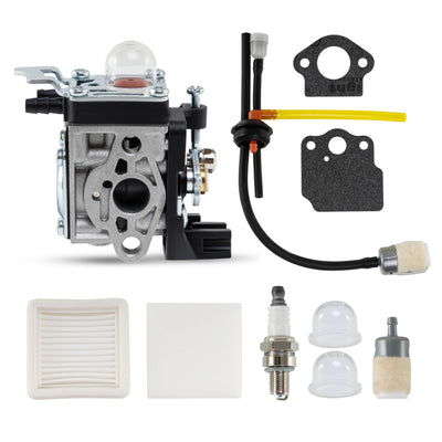 SRM-2620 carburetor replacement kit with air filter, fuel lines, gaskets, spark plug, and primer bulbs.