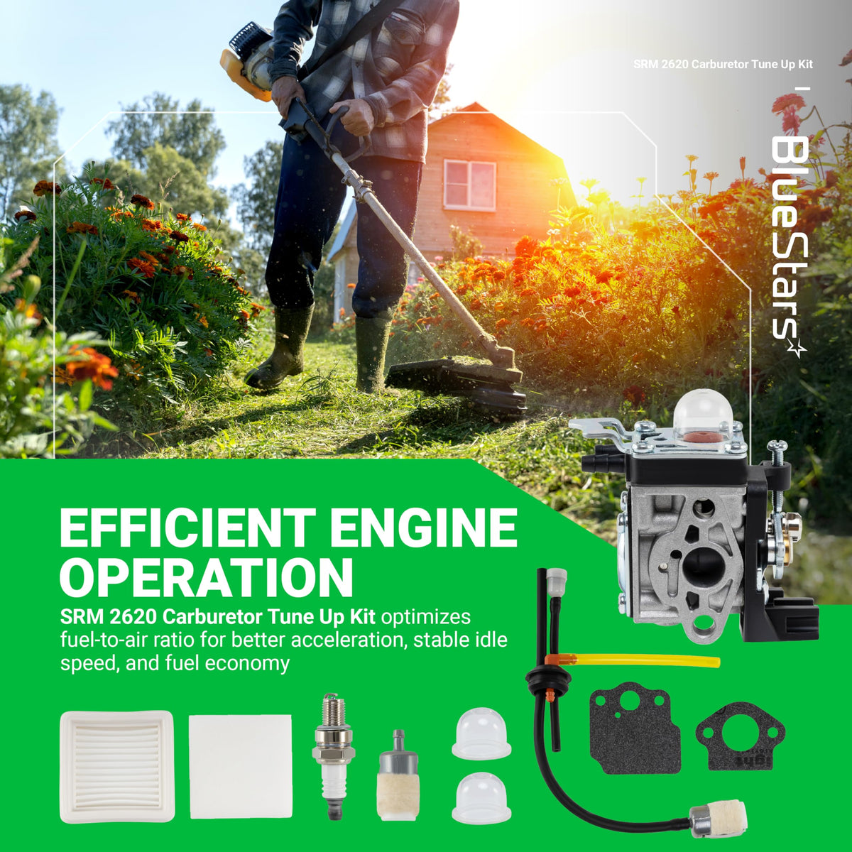 SRM-2620 carburetor tune-up kit with replacement carburetor, air filter, spark plug, fuel lines, and gaskets.