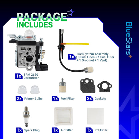 SRM-2620 carburetor maintenance kit components including fuel lines, primer bulbs, gaskets, spark plug, and air filter.