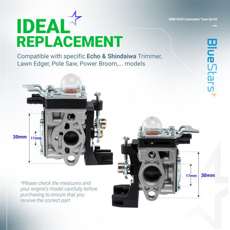 Two SRM-2620 carburetors shown with dimension labels for Echo trimmer compatibility.