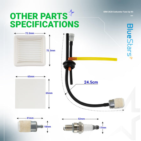 Dimensional diagram of SRM-2620 carburetor kit components including air filter, fuel lines, fuel filter, and spark plug.