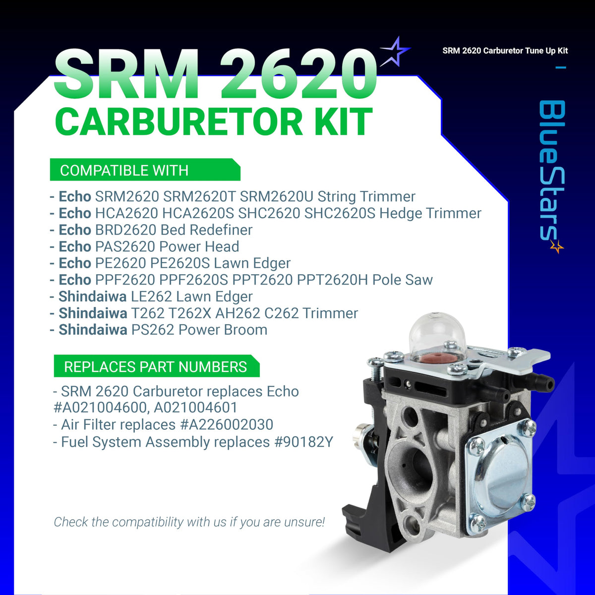 Replacement carburetor for Echo SRM-2620 series trimmers and power equipment, shown with compatibility information.