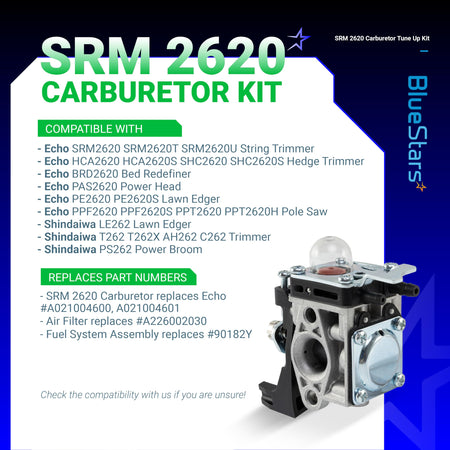 Replacement carburetor for Echo SRM-2620 series trimmers and power equipment, shown with compatibility information.