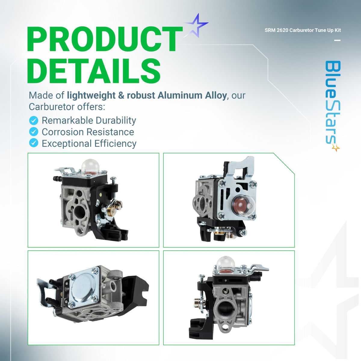 Infographic showing multiple angles of the SRM-2620 aluminum alloy carburetor for Echo trimmers and power equipment.