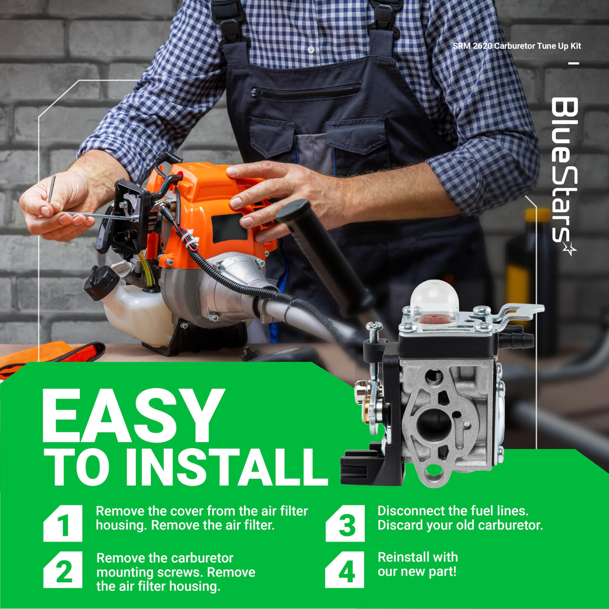 Instructional graphic showing how to install an Echo SRM-2620 carburetor replacement kit.