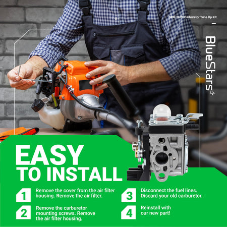 Instructional graphic showing how to install an Echo SRM-2620 carburetor replacement kit.
