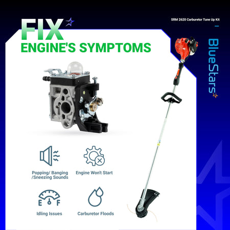 SRM-2620 carburetor replacement kit shown with compatible Echo string trimmer and engine symptom troubleshooting icons.