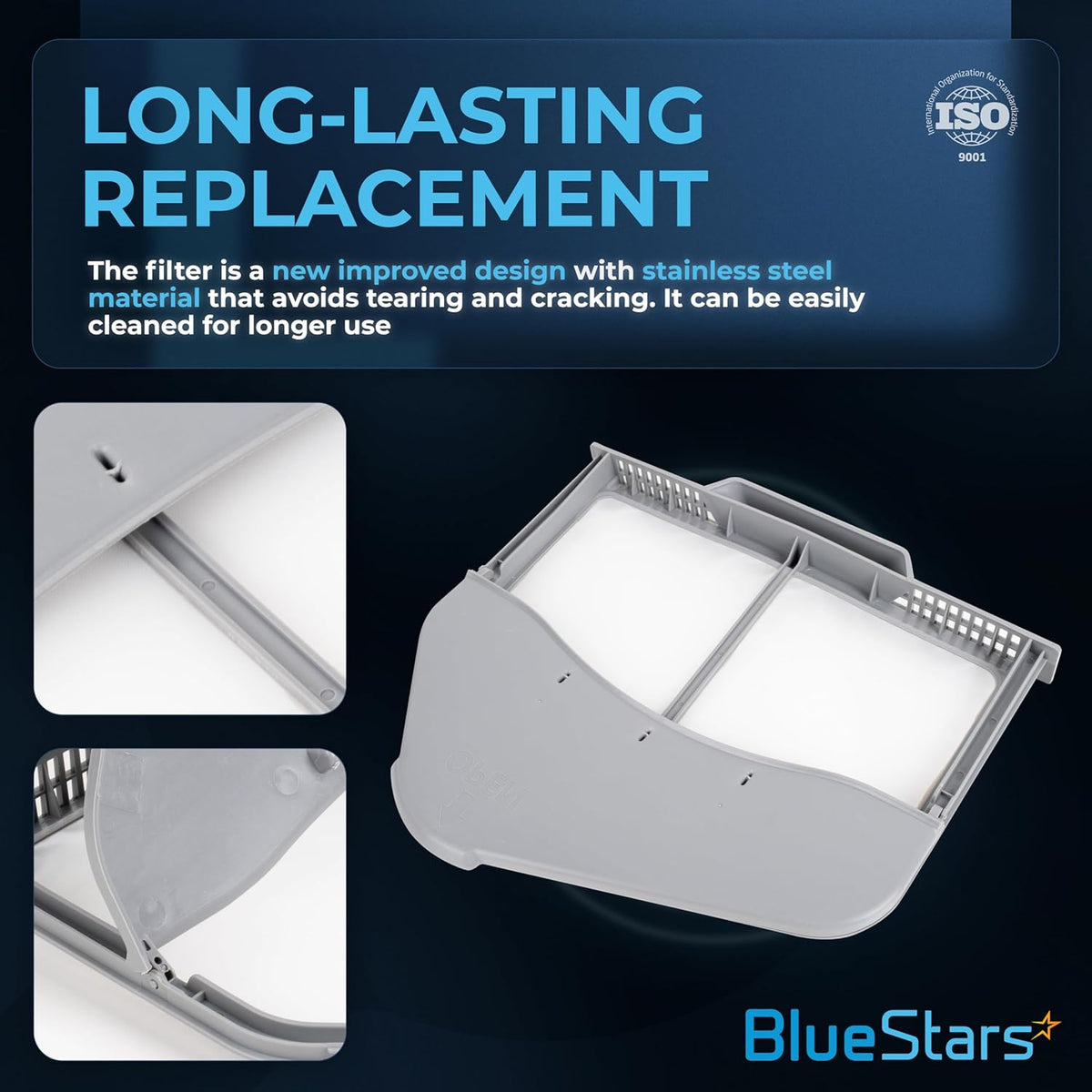 DC97-16742A dryer lint trap filter replacement with improved stainless steel mesh design and close-up detail views.