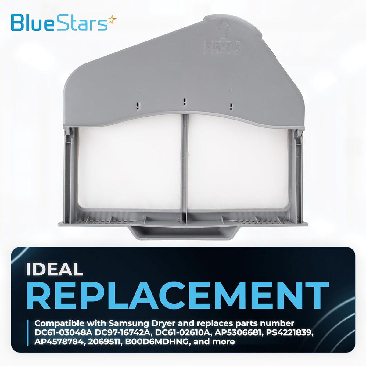 Replacement DC97-16742A dryer lint trap filter for Samsung dryers with grey plastic frame and white mesh screen.