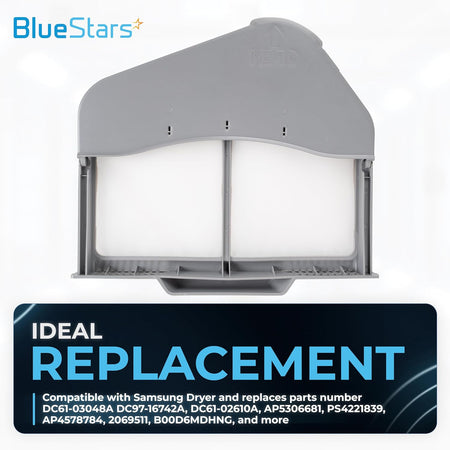 Replacement DC97-16742A dryer lint trap filter for Samsung dryers with grey plastic frame and white mesh screen.