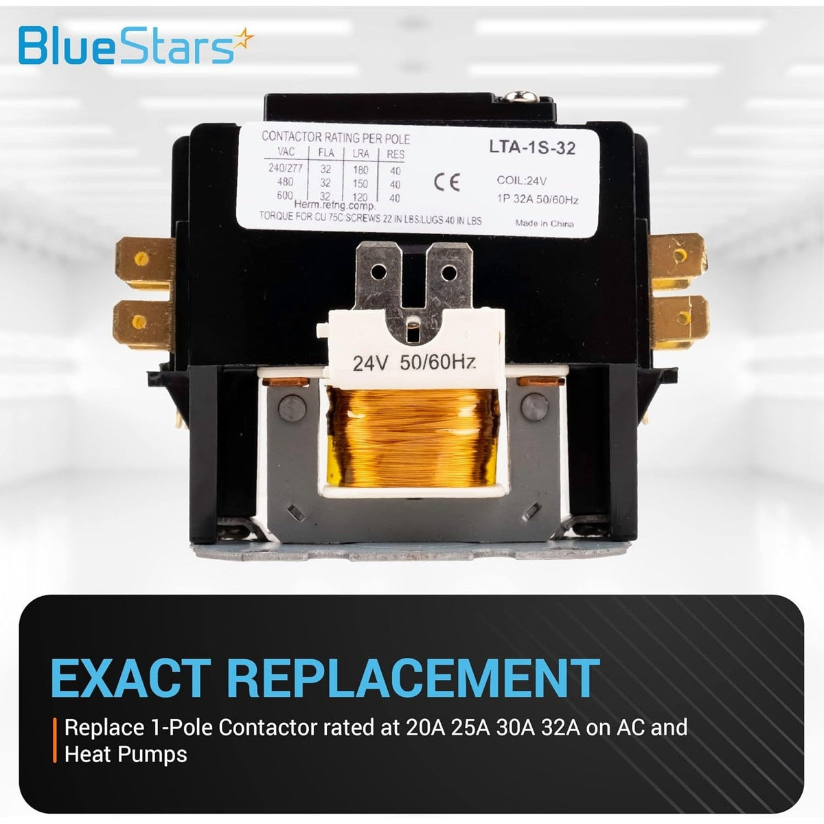 Close-up of 1 pole 32 Amp contactor with 24VAC coil showing technical rating label and copper winding.