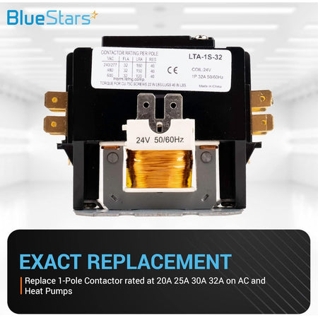 Close-up of 1 pole 32 Amp contactor with 24VAC coil showing technical rating label and copper winding.