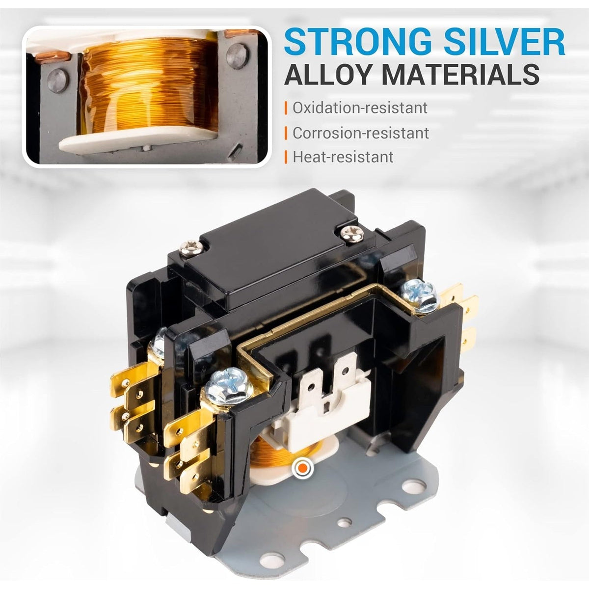 32 Amp 1 pole contactor with silver alloy coil and electrical terminals.