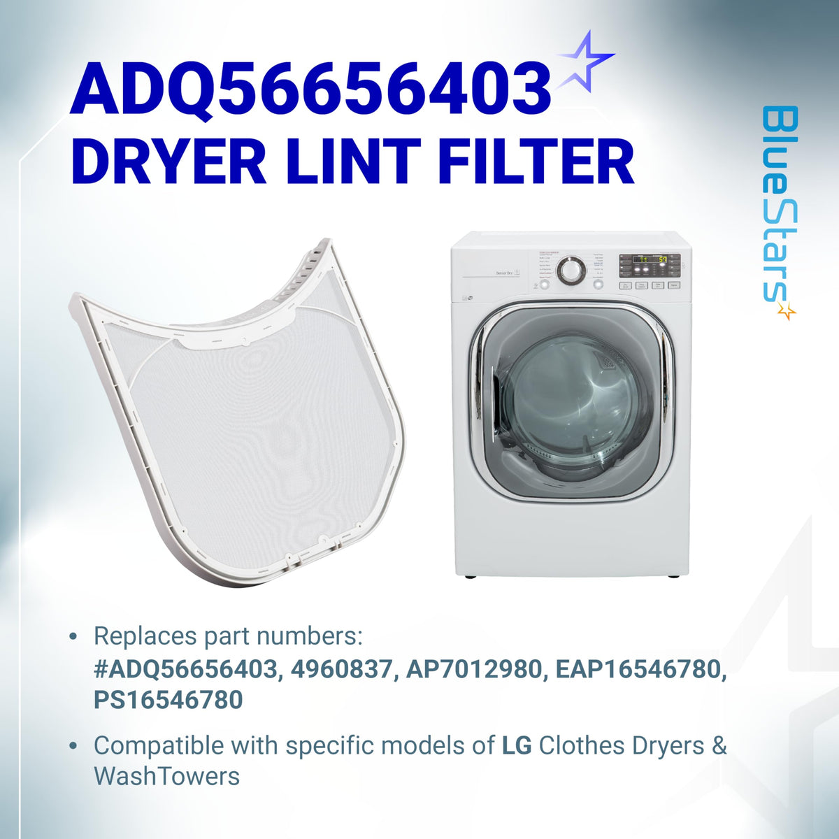 ADQ56656403 lint filter replacement for LG dryers and WashTowers with compatible dryer unit shown.
