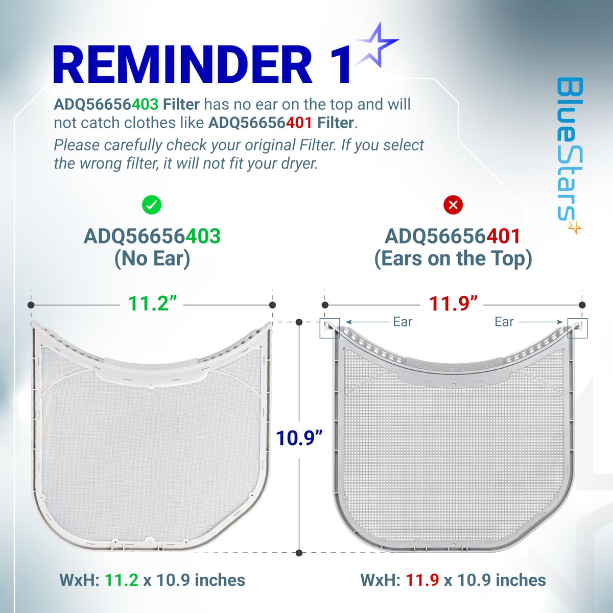 Comparison chart showing LG dryer lint filter ADQ56656403 without ears versus ADQ56656401 with ears.