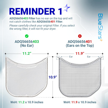 Comparison chart showing LG dryer lint filter ADQ56656403 without ears versus ADQ56656401 with ears.
