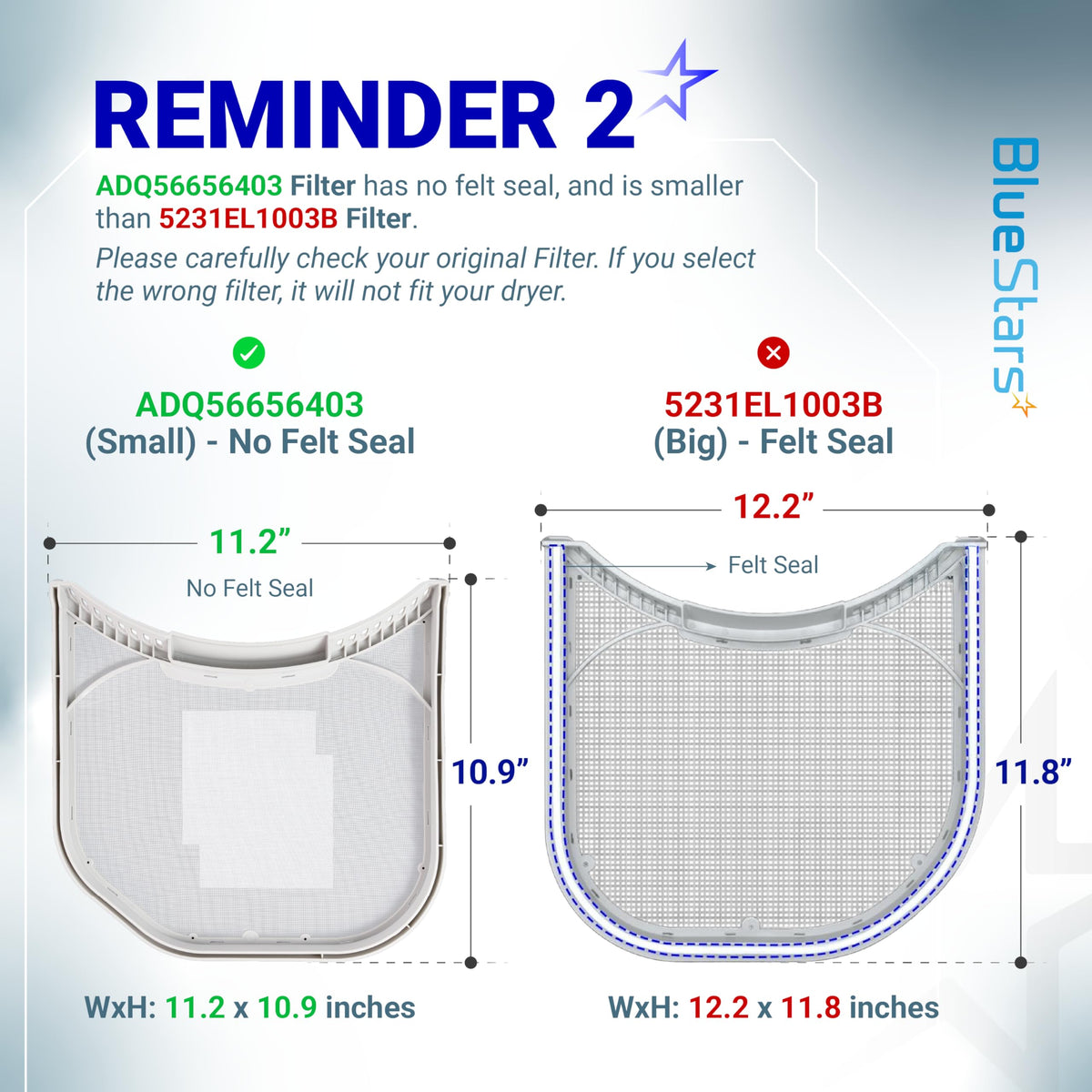 Comparison chart showing size and design differences between ADQ56656403 and 5231EL1003B LG dryer lint filters.