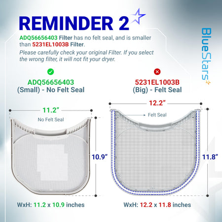 Comparison chart showing size and design differences between ADQ56656403 and 5231EL1003B LG dryer lint filters.