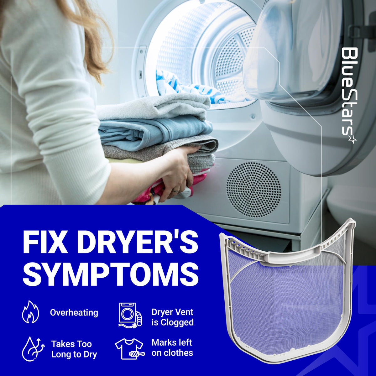 ADQ56656403 lint filter replacement for LG dryers shown with infographic on fixing common dryer performance issues.