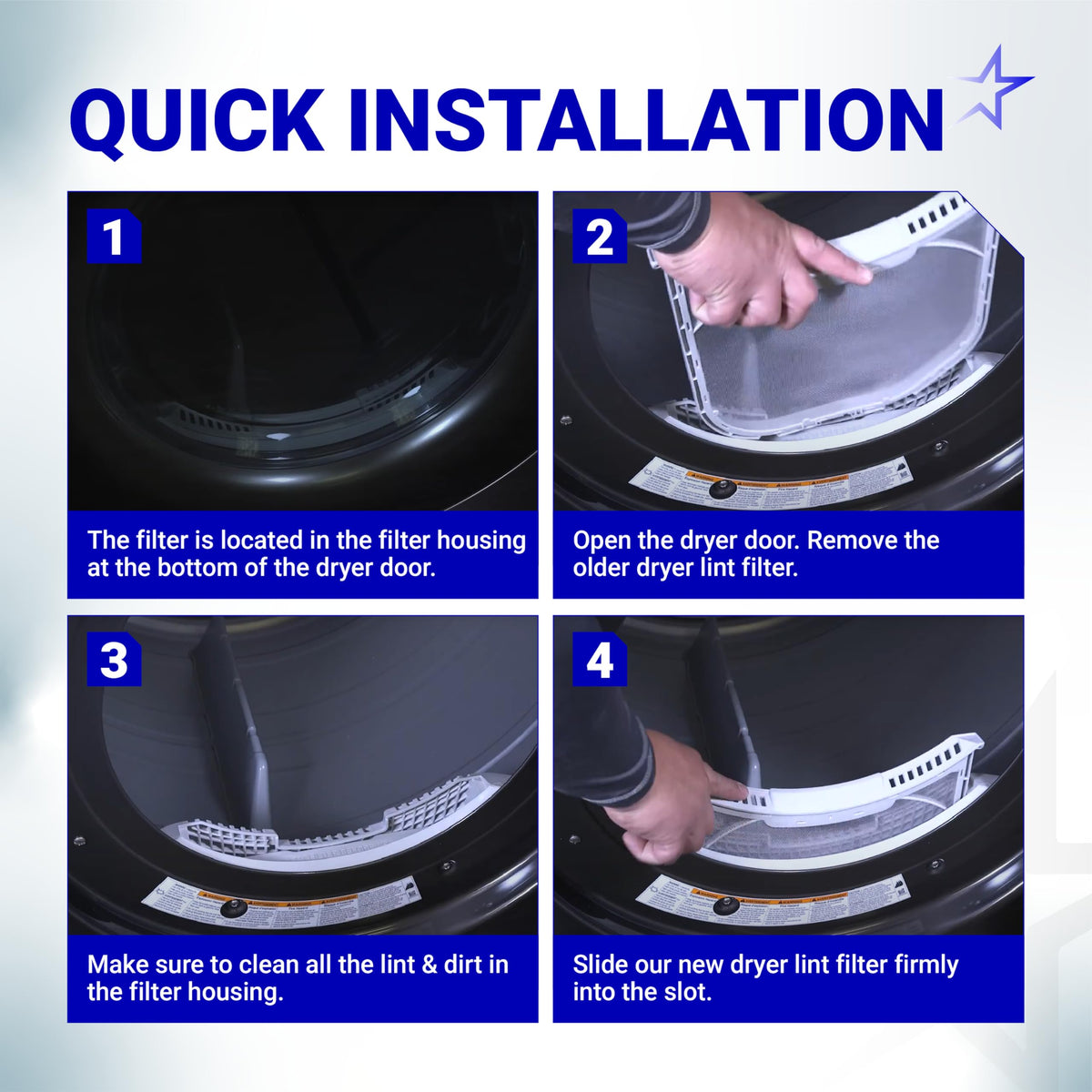 Four-step installation guide for replacing an LG dryer lint filter, showing removal and insertion into the housing.