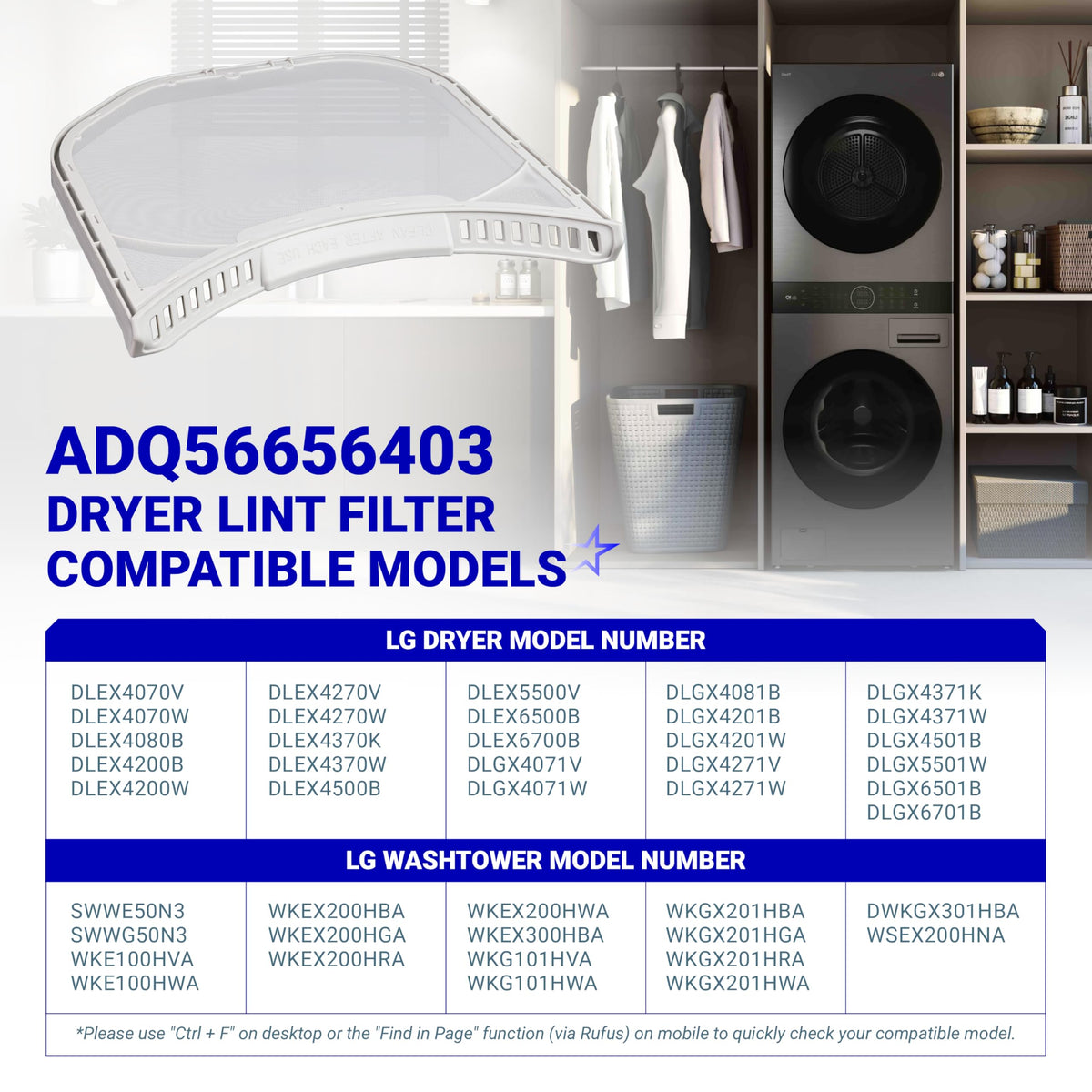 ADQ56656403 lint filter replacement for LG dryers and WashTowers with a compatibility chart of model numbers.