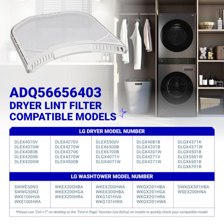 ADQ56656403 lint filter replacement for LG dryers and WashTowers with a compatibility chart of model numbers.