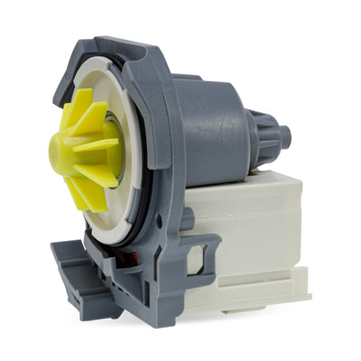 Replacement dishwasher drain pump with yellow impeller for Whirlpool, Amana, Kenmore, KitchenAid, and Maytag appliances.