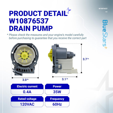 W10876537 dishwasher drain pump dimensions and technical specifications diagram.
