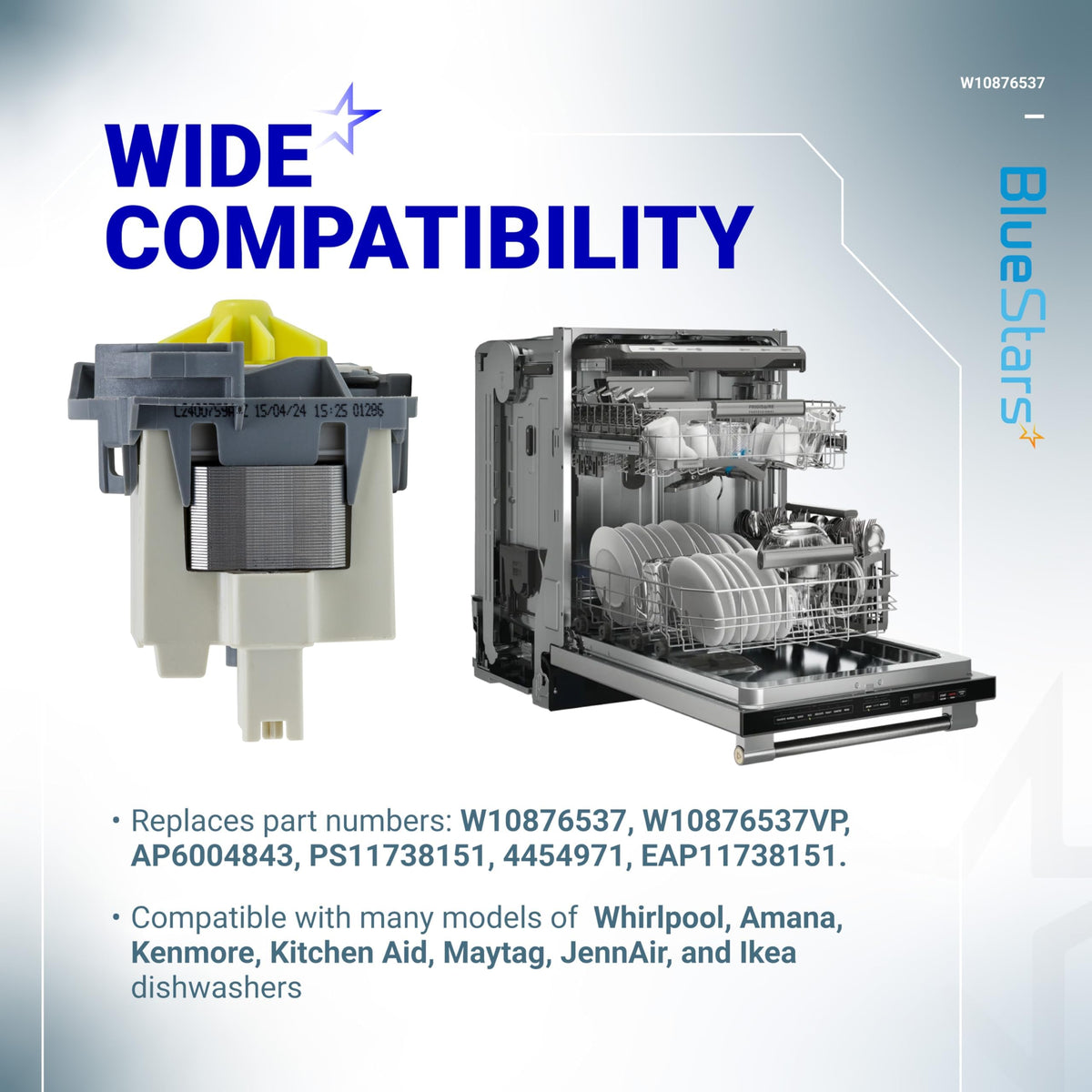 W10876537 dishwasher drain pump replacement part shown with compatible dishwasher and compatibility list.