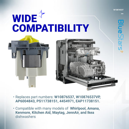 W10876537 dishwasher drain pump replacement part shown with compatible dishwasher and compatibility list.