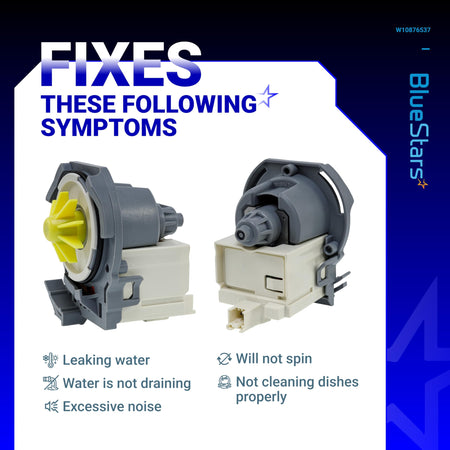 W10876537 dishwasher drain pump showing symptoms fixed including leaking, not draining, and noise.