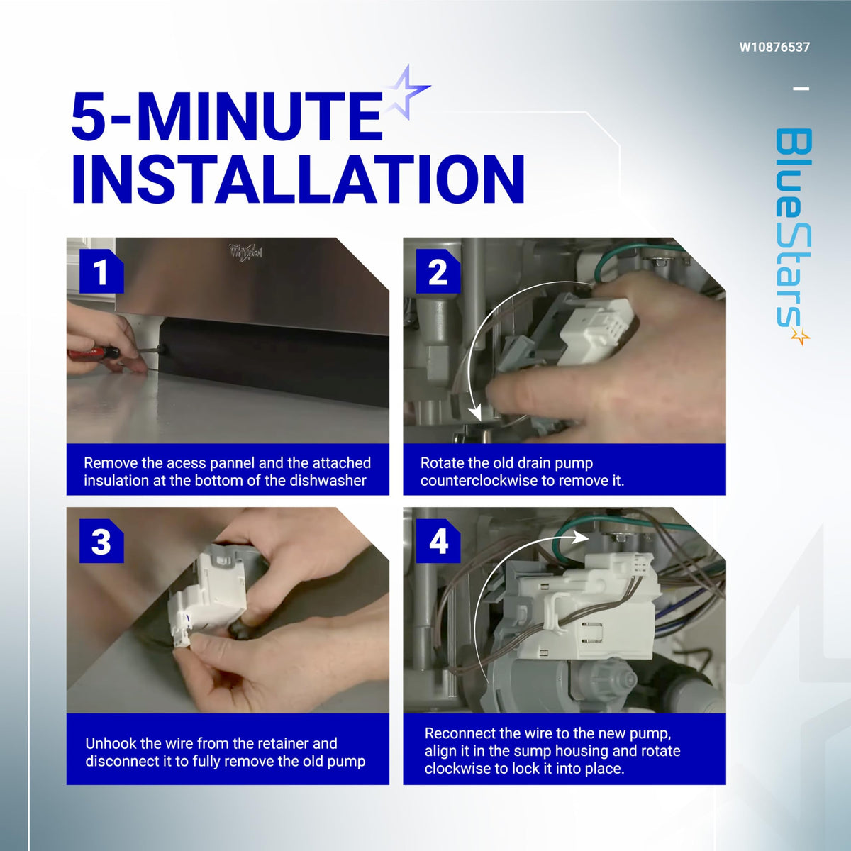 Four-step installation guide for W10876537 dishwasher drain pump showing removal and replacement process.