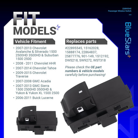 Fitment chart for 22895545 passenger power window switch showing compatible Chevrolet, GMC, and Buick vehicle models.