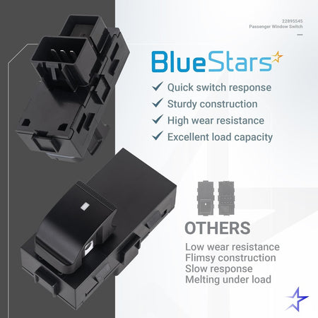 22895545 passenger side power window switch showing front and back views with product feature comparison.