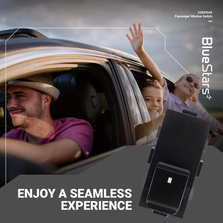 22895545 passenger power window switch shown in a lifestyle marketing graphic with a family in a car.