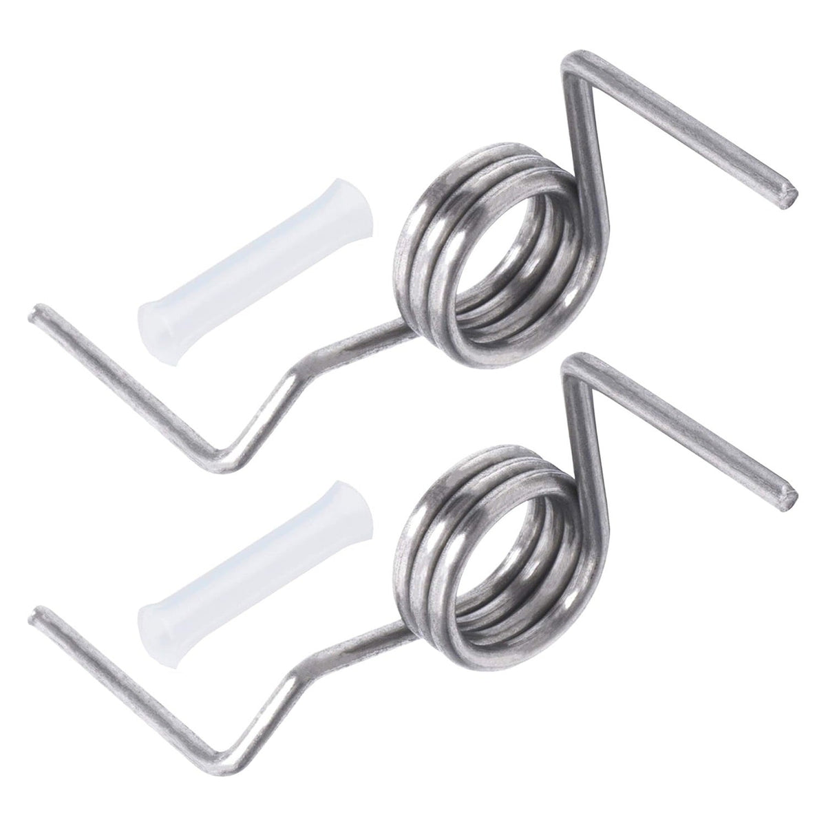 Two metal refrigerator French door springs and white plastic sleeve pins for Samsung refrigerator repair.