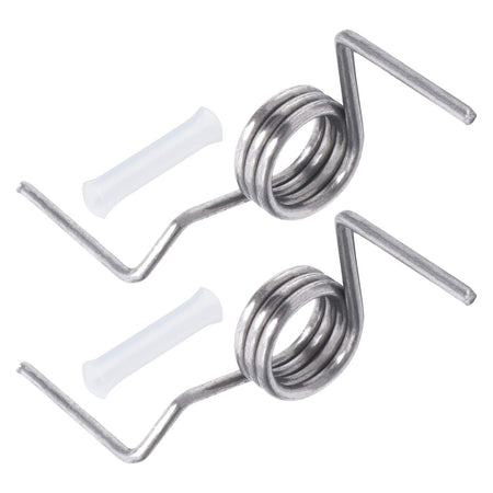 Two metal refrigerator French door springs and white plastic sleeve pins for Samsung refrigerator repair.