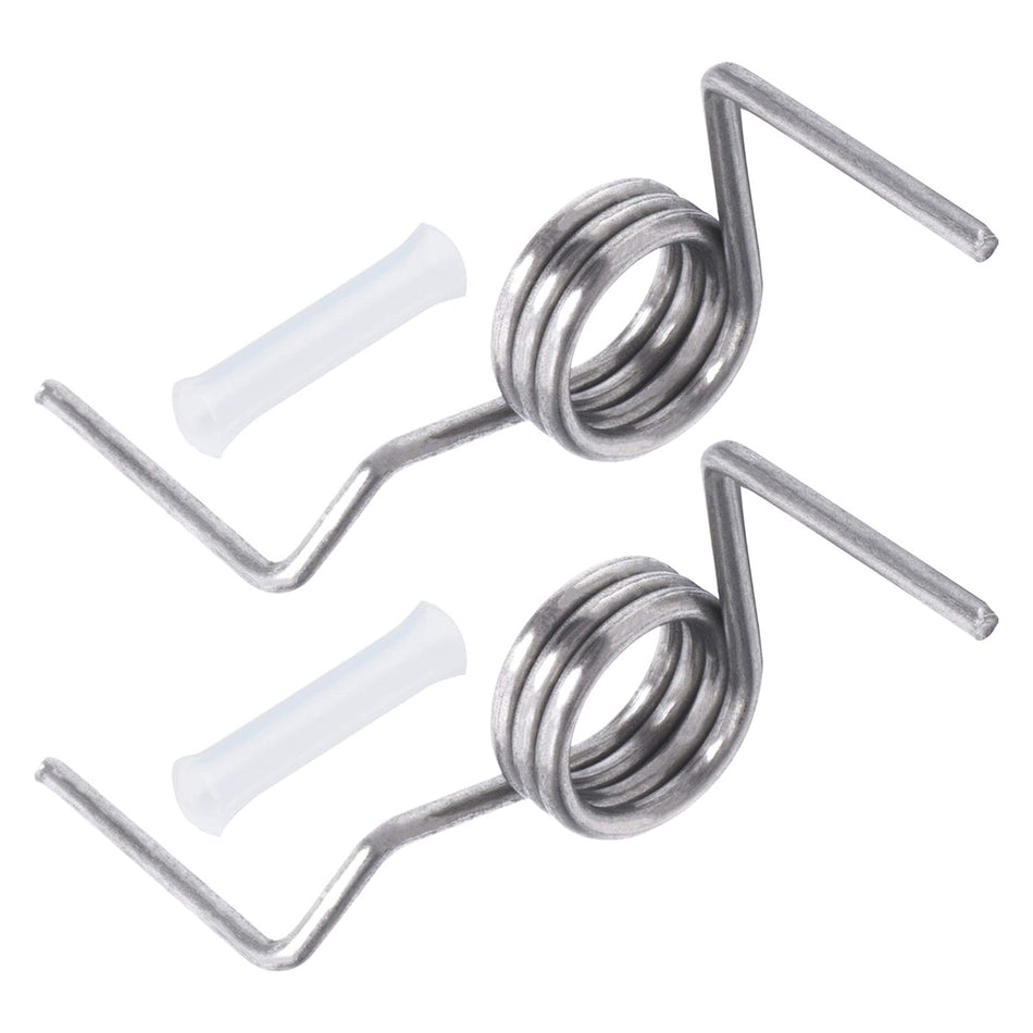 Two metal refrigerator French door springs and white plastic sleeve pins for Samsung refrigerator repair.