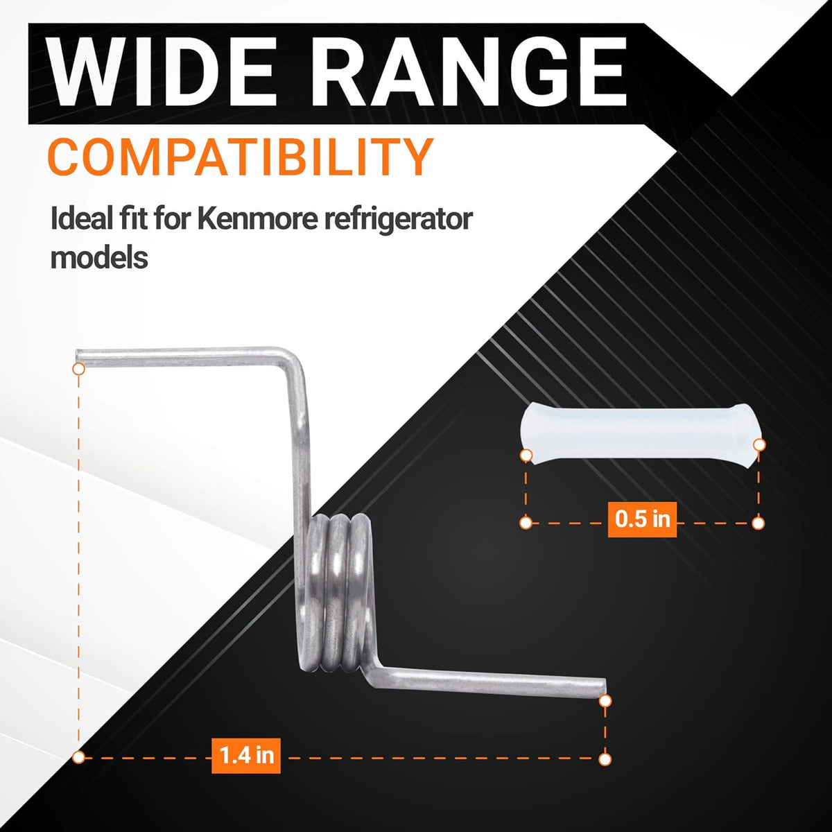 Refrigerator French door spring and white sleeve pin with 1.4 inch and 0.5 inch dimension labels for compatibility.