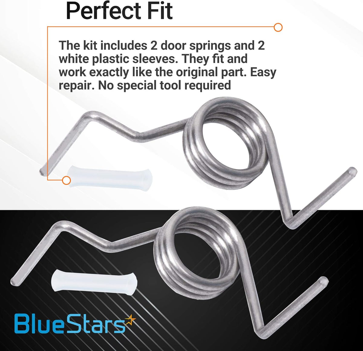 Infographic showing two Samsung refrigerator French door springs and white plastic sleeves for easy repair.