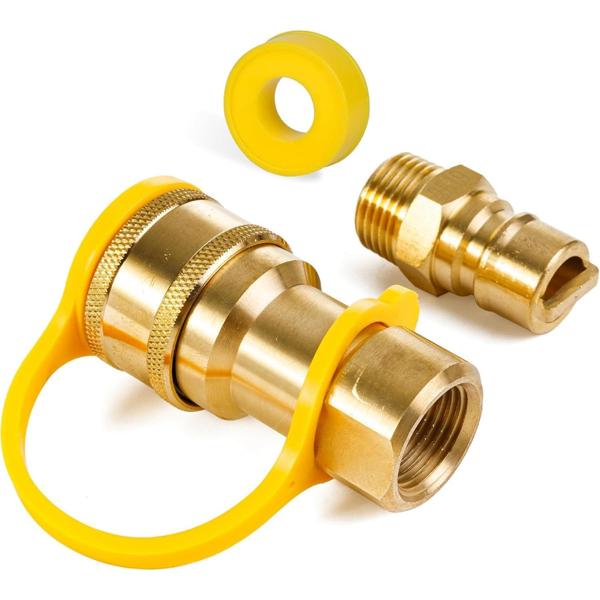 1/2 inch brass gas quick connect fitting set with yellow dust cap and threaded adapter.