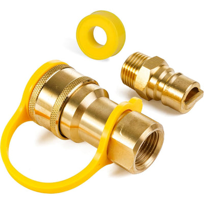1/2 inch brass gas quick connect fitting set with yellow dust cap and threaded adapter.