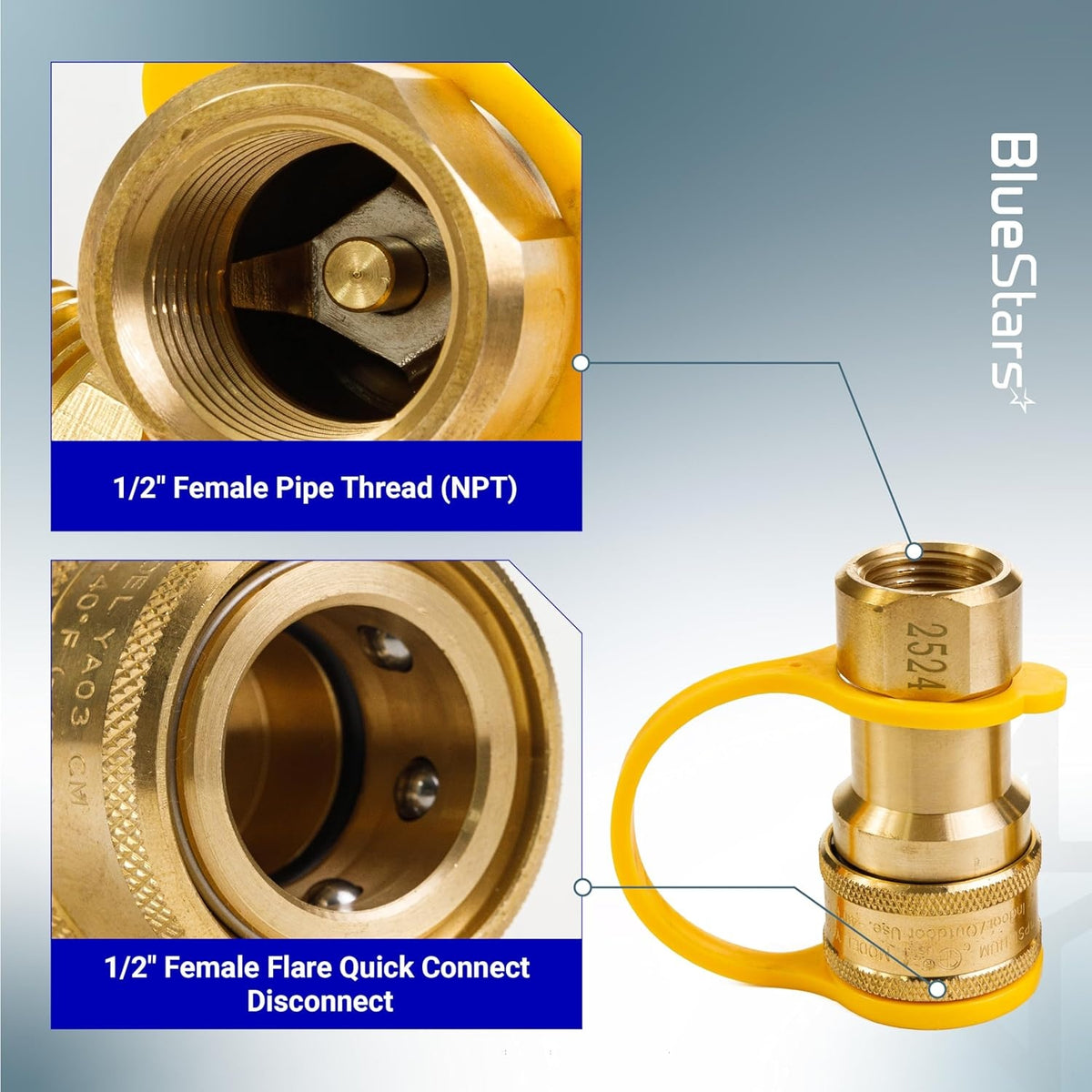 Close-up of 1/2 inch gas quick connect fitting showing female pipe thread and female flare connection details.