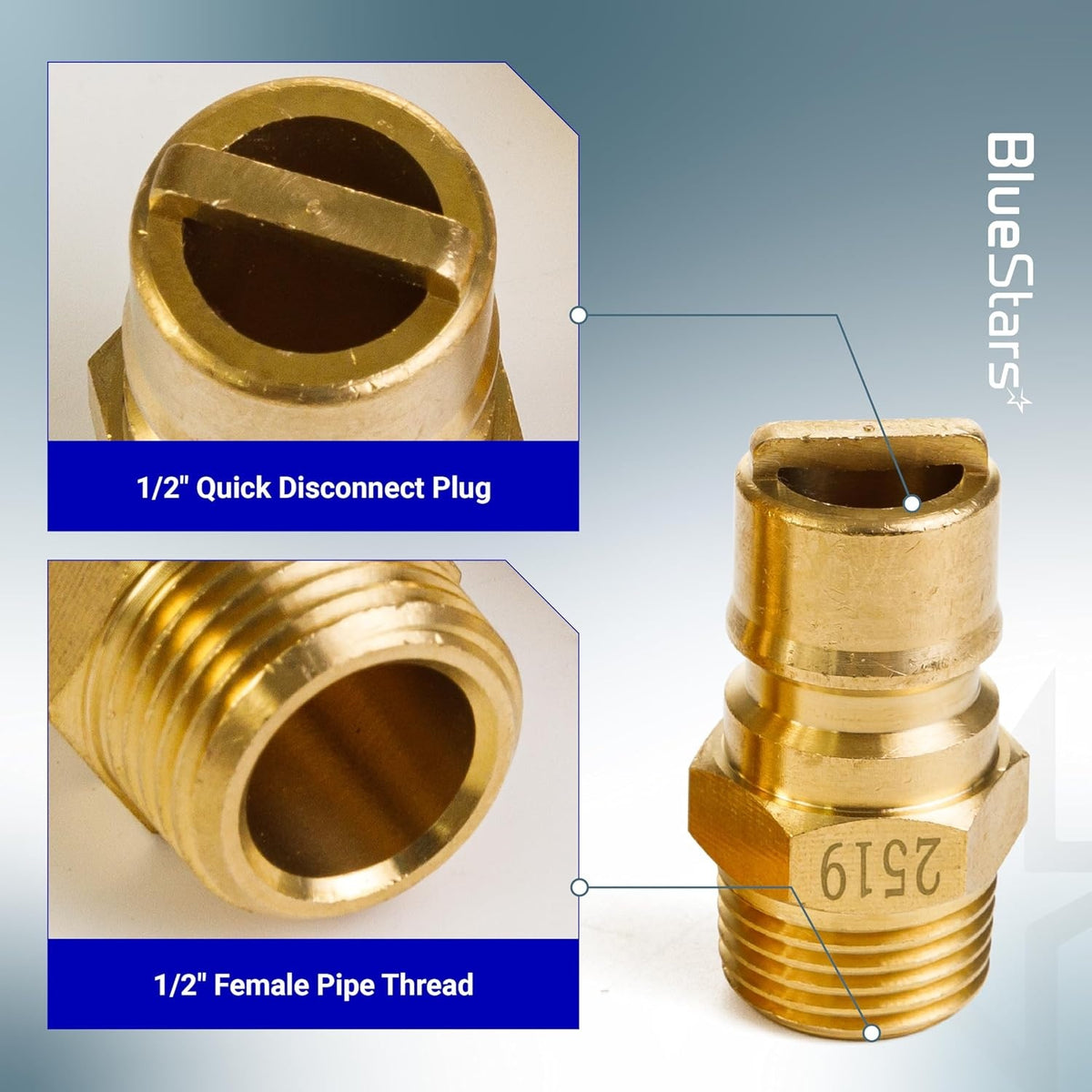 1/2 inch gas quick connect plug with female pipe thread and close-up detail views.