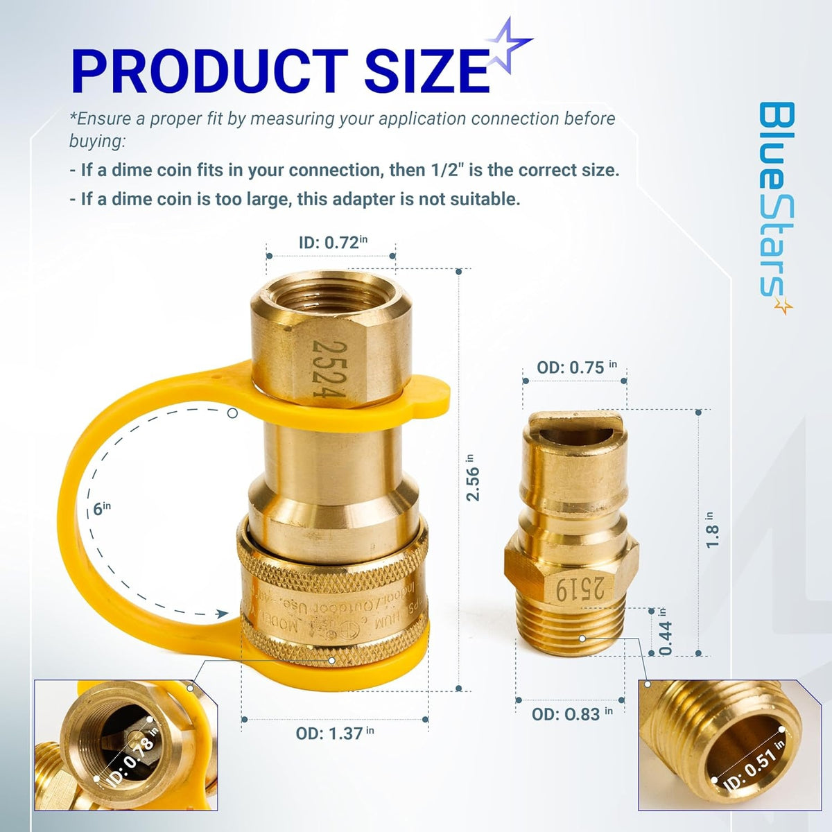 Dimensional diagram of 1/2 inch gas quick connect kit showing measurements for brass adapter components.