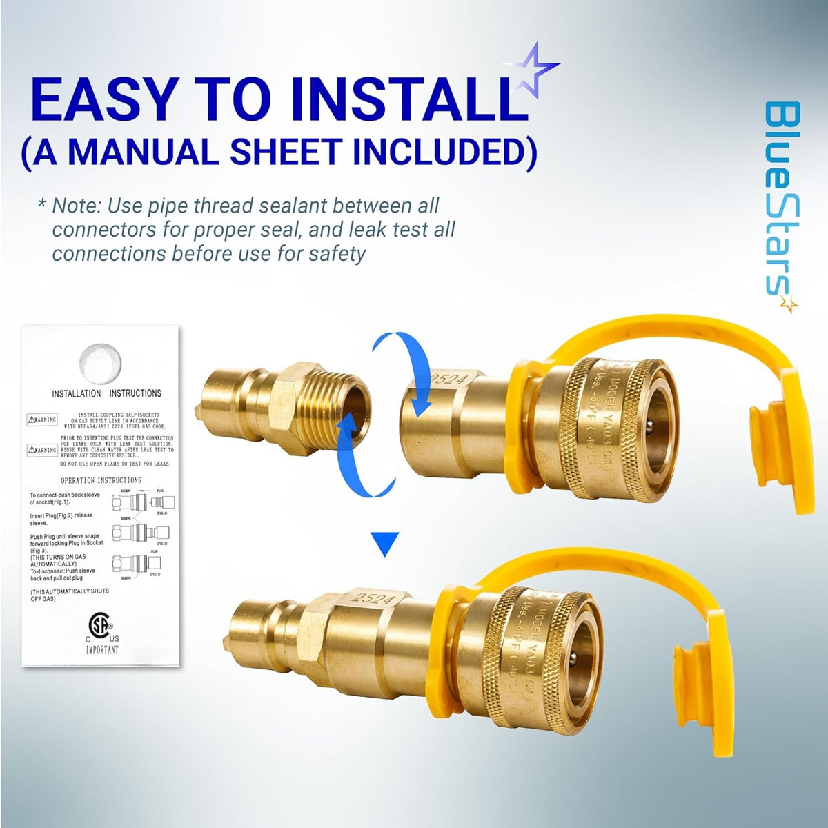 1/2 inch gas quick connect kit components with installation manual sheet and dust cap.