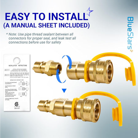 1/2 inch gas quick connect kit components with installation manual sheet and dust cap.