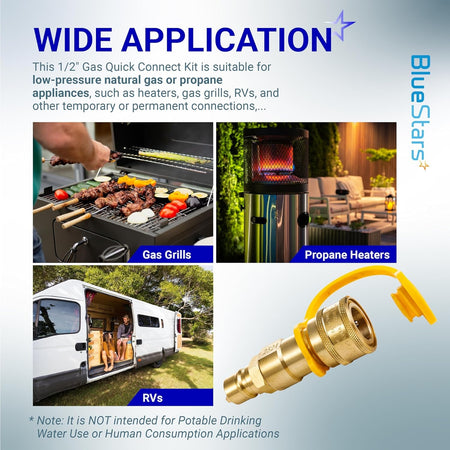 1/2 inch gas quick connect fitting with yellow dust cap for natural gas and propane appliances.