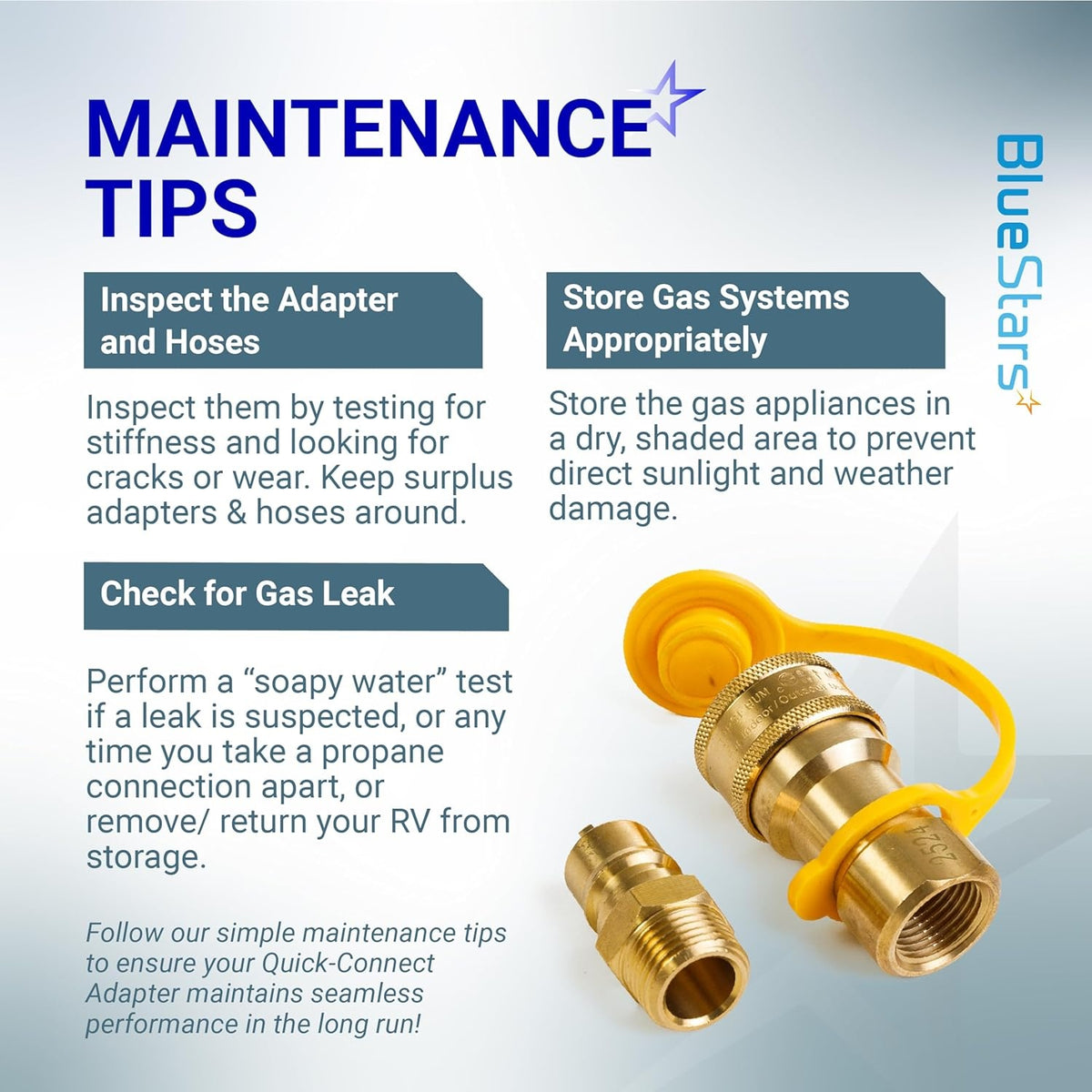 Maintenance tips infographic for 1/2 inch gas quick connect kit featuring brass adapter components.